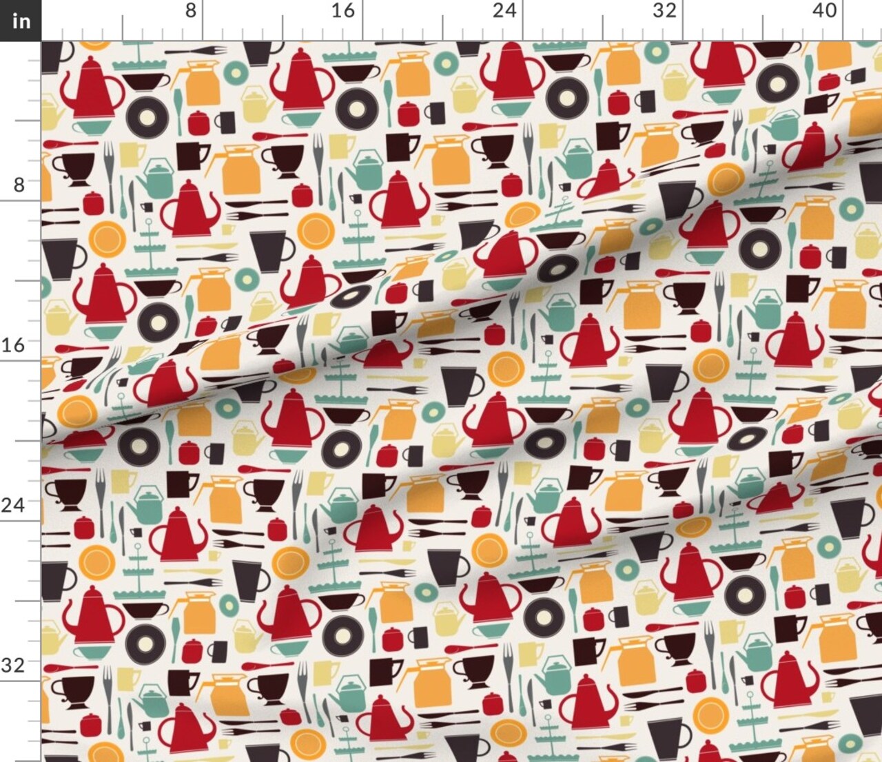 Vintage Kitchen Tea Pot Coffee Time Retro Home Custom Printed Fabric by Spoonflower Various Fabrics by the Yard or Fat Quarter
